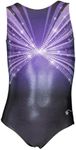 Destira Interstellar Gymnastic Leotard for Girls, Purple Hologram Fabric with Crystals, Matching Scrunchie Included Child M (8)