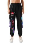 The Souled Store Magic Trip Women and Girls Oversized Fit Black Graphic Print Cargo Joggers