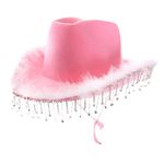 Adults Diamanté & Marabou Cowgirl Hat - Pack of 1 - Pink Felt Cowboy Hat with Marabou Trim and Diamanté Detailling - Adults Feather Trim Glitter Bling Cowgirl Hat Western Party Fancy Dress Accessory