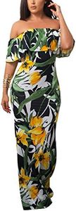 Suimiki Vintage Ruffle Plain Floral Printed Off Shoulder Bodycon Long Party Maxi Dress Dark Green 2X-Large