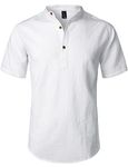 LucMatton Men's Casual Cotton Linen Short Sleeve Henley Shirt Summer Lightweight Banded Collar Beach Tops White XX-Large