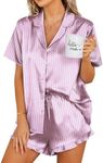 Ekouaer Silk Pajamas Womens Short Sleeve Sleepwear 2 Piece Satin Pjs Shorts Set Button Down Loungewear Striped Purple S