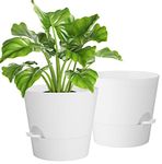 Plant Pots, Set of 2 10'' Self Watering Plastic Planter with Drainage Hole and Saucer, Modern Decorative Flower Pot for Indoor Outdoor House Plants, Succulents, Flowers - White