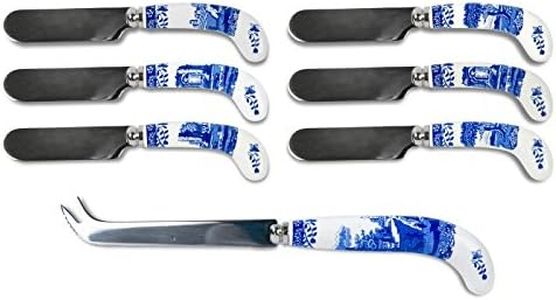 Spode Blue Italian Cheese Serving Set - 8 Inch Stainless Steel Knife and 6 Spreaders with Porcelain Handles, Entertaining Tools for Cheese Boards, Tapas, and Dining Presentation