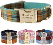 Personalised Dog Collar with Metal Buckle, Customized Pet Collars with Name Phone Number Address Engraved, Plaid