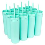 STRATA CUPS Skinny Tumblers with Lids and Straws (12 pack) - 16oz Seafoam Colored Double Wall Acrylic Tumbler, Tall Matte Skinny Tumblers, Bulk with Free Straw Cleaner, Reusable Cups…