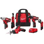 Milwaukee 2498-25 M12 12V Cordless 5-Tool Combo Kit: 2407-20 3/8 in. Drill/Driver + 2462-20 1/4 in. Hex Impact Driver + 2420-20 Hackzall Recip Saw + 2457-20 3/8 in. Ratchet + 49-24-0146 LED Worklight