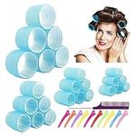 Jumbo Hair Rollers Set Self Grip Curlers For Long Hair No Heat Heatless Hair Rollers With Clips & Comb 24 Packs (Blue 24Pcs)