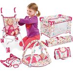 5-in-1 Deluxe Newborn Baby Doll Stroller Nursery Playset with Play Mat, Playard, Baby Carrier, and Travel Bag (Doll Included)