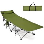 COSTWAY Folding Camping Bed, Heavy Duty Outdoor Sleeping Cot with Detachable Headrest, Side Pocket and Carry Bag, Portable Extra Wide Camp Lounger Bed for Travel Beach Office (Green)