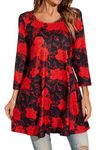 Enmain Women Tunic Top 3/4 Sleeve Flower Printed Long Shirts Casual Round Neck Ladies Longline Blouses Pluse Size Shirts for Daily Black/Red XL