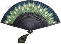 YIRUZWRD Folding Hand Fan for Women Peacock Feather Pattern Foldable Vintage Style Bamboo Silk Fan for Home Wall Decoration, Costume Party, Birthday Gift, Outfit