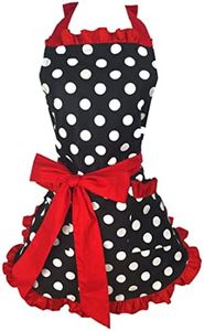 Hyzrz Cute Apron Retro Black Polka Dot Retro Ruffle Side Vintage Cooking Aprons with Pockets for Women Girls (Side Red)