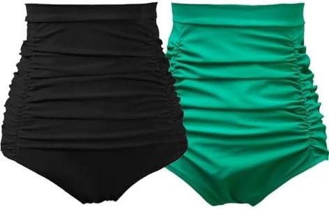 COCOPEAR Women's Ruched High Waisted Bikini Bottom Retro Vintage Swim Short Tankinis (Pack of 2) Black+Olive M/6-8