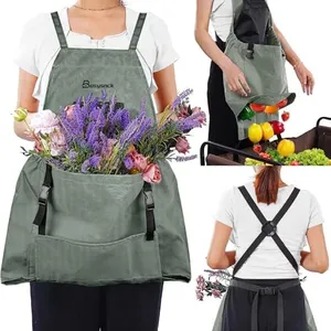Gardening Apron with Deep Release Pockets, Garden Apron with Adjustable Back Straps, Canvas Aprons for Harvesting Picking Weeding (Grey)