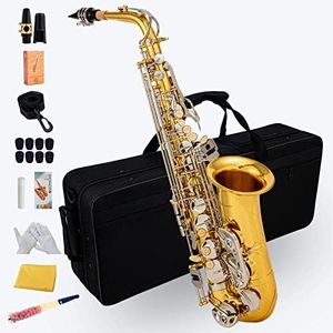 Aisiweier Gold/Silver keys E Flat Alto Saxophone Brass Engraved Eb E-Flat Natural White Shell Button Wind Instrument with Case Belt Brush (Gold laquer/silver keys)