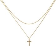 Befettly Layered Cross Necklace, Women 14k Gold Filled Polished Faith Necklace Dainty Pendant Necklace Crucifix Cute Double Layered Beads Cross Necklace Y-1-Cross Layered