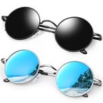 KANASTAL Mirror Round Sunglasses Mens Blue Polarised Hippie Style Vintage Circle Womens Mirrored UV Small - Black Frame Black Lens + Metal Frame Blue Lens