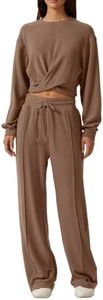 QINSEN Women 2 Piece Outfits Sweatsuit Set Twist Front Cropped Sweatshirt Wide Leg Sweatpant Lounge Set Tracksuit, Caramel, Large