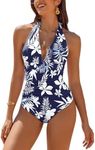 AI'MAGE Women's Halter One Piece Swimsuit 2024 Tummy Control Bathing Suits Ruched Deep V Neck Swim Suit, L