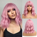 VAIRETY Short Wave Pink Wigs With Bangs, 14 inch Bob Purple Wig with Air Bangs, Curly Fringe Heat Resistant Synthetic Wig, Shoulder Length Wig For Girl Wigs for Christmas