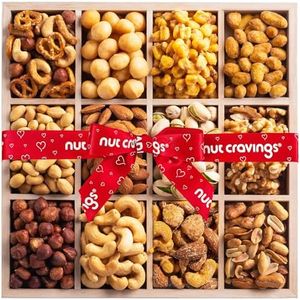 NUT CRAVINGS Gourmet Collection - Mixed Nuts Gift Basket in Reusable Wooden Tray + Heart Ribbon (12 Assortments) Teacher Appreciation Arrangement Platter, Healthy Kosher USA Made