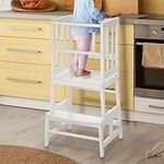 COSYLAND Baby and Toddler Multi-Function Step up Kitchen Nursery Helper Stand with Safety Rail in Natural Bamboo, Strong and Lightweight(White)