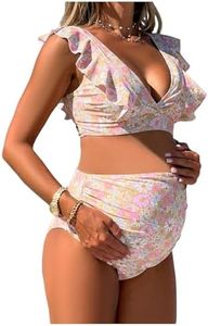 OYOANGLE Women's Maternity Floral Swimsuits V Neck Ruffle High Waisted Bikini Sets Pregnancy Bathing Suits Multicolor Medium