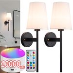 Battery Operated Wall Sconce with Remote,White Fabric Shade Wall Sconce Set Of 2 Battery Powered Sconces Wall Lighting Indoor Wireless Dimmable Wall Lamp with 3 Color Temp Bulb for Bedroom Living Room