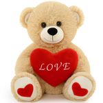 MorisMos Small Teddy Bear with Love, 40cm Brown Cuddly Teddies for Girlfriend Fluffy Cute Soft Plush Teddy Toy with Red Heart Present for Kids Wife Mom Birthday Decoration