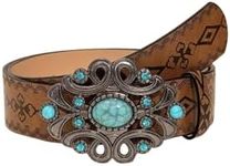 GORGLITTER Women's Western Leather Belt Vintage Turquoise Buckle Waist Belt for Dress Brown Graphic suit waist size:33.5-37.4"