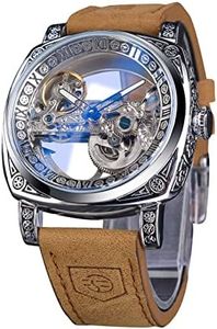FORSINING Montre pour homme, tendance, classique, squelette carrée, cadran transparent, automatique, mécanique, bracelet en cuir, lumineux, étanche, Argenté., Sangle