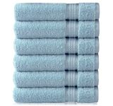 Cotton Craft Ultra Soft 6 Pack Hand Towels 16x28 Light Blue Weighs 6 Ounces Each - 100% Pure Ringspun Cotton - Luxurious Rayon Trim - Ideal for Everyday use - Easy Care Machine wash