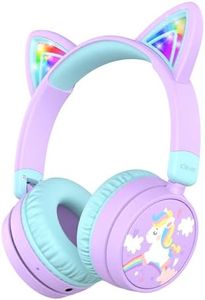 iClever Kids Bluetooth Headphones, Light Up Cat Ear, Safe Volume 74/85dBA,60H Playtime,Bluetooth 5.3,USB C Charging,Wireless Kids Headphones AUX Cord for iPad Tablets School Travel, Meow Cookies
