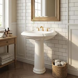 26"W x 20"D U-Shape Pedestal Sink, White Ceramic Pedestal Bathroom Sink with Overflow and 3 Pre-Drilled Holes, Modern Bath Pedestal Sink Combo