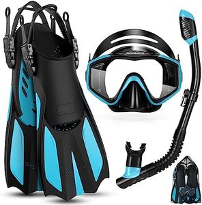 Odoland Kids Snorkeling Packages Snorkel Set, Anti-Fog and Anti-Leak Dry Top Snorkel Mask with Adjustable Swim Fins for Boys and Girls Age 7-14, Sky Blue and Black