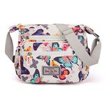 Womens Multi-Pocket Casual Crossbody Handbags Waterproof Flowral Printed Shoulder Nylon Bags Travel Messenger Bags (Butterfly-White)