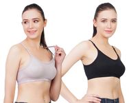 B-SOFT Women Cotton Non Padded Sports Bra Wire Free Full Coverage For Gym,Running,Workout Full Support-28 (Black & Silver-Pack Of 2)