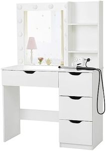 Fashionwu Makeup Vanity with Lights, Vanity Desk with Charging Station, Storage Shelf, 4 Drawers Makeup Table with Lighted Mirror, 3 Lighting Modes Brightness Adjustable Bedroom Dressing Table, White