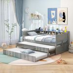 KOMFOTT Twin XL Daybed with 2 Trundle Beds, Wooden Captain Bed with USB Ports & LED Lights, Space Saving Bed Frame with Storage Shelves for Bedroom Guest Room, No Box Spring Needed (Grey, Twin XL)