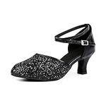 OCHENTA Womens Sequined Leather Pointed Toe Kitten Heel Latin Ballroom Dance Shoes Suede Black-UK 8-Tag 43