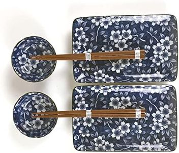 JapanBargain 4687, Japanese Sushi Set Porcelain Sushi Plates Soy Sauce Dipping Bowls and Chopsticks Gift Set, Navy Blue Sakura, Made in Japan