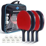 Scorpion 4 Pack Table Tennis Bats, 8 Balls, Professional Ping Pong 5 Layer Wood Blade Table Tennis Racket Set for 4 Players, Stylish Storage Case, Perfect for Indoor/Outdoor