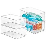 mDesign Plastic Stackable Box for Home, Office Supplies Storage Organizer with Attached Hinged Lid - Holder Container Bin for Note Pads, Gel Pens, Staples, Dry Erase Markers, Tape - 4 Pack - Clear