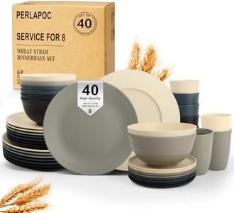 Perlapoc 40 PCS Wheat Straw Dinnerware Set | Service for 8 Plastic Dishes Set Unbreakable Plates and Bowls Sets, Drinking Glasses, Dishwasher and Microwave Safe Dish Set for KItchen - Black Beige
