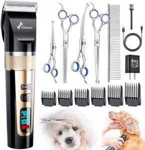 Gimars 6 in 1 7000 RPM Low Noise Dog Clippers with Professional Dog Grooming Scissors, Rechargeable Cordless Cat Grooming Kit Pet Trimmer Shaver with Comb & Scissors for Cats & Horse Thick Hair