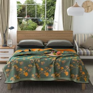 Bifqioy Ginkgo Leaf Cotton Quilt Dark Green Orange Reversible King Size Bedspread Coverlet for All Seasons Lightweight Muslin Quilt Throw Blanket for Bed, Couch
