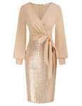 GRACE KARIN Women Bodycon Sequin Cocktail Dresses V-Neck Long Sleeves Special Ocassion Party Dress Light Gold L