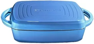 Bruntmor 2-in-1 Pre-seasoned Square Cast Iron Dutch Oven With Dual Handles, Non stick Pan with Grill, All-in-One Cookware Set, Cast Iron Casserole Dish with Lid for Braising Dishes,Whale Blue