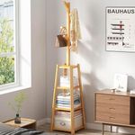 Lukzer Wooden Bamboo Clothes Rack with 6 Hooks & 3-Tier Shelf | Freestanding Coat & Hat Stand | Multipurpose Garment Organizer for Entryway, Bedroom, Living Room, Hallway & Office (171x30cm)